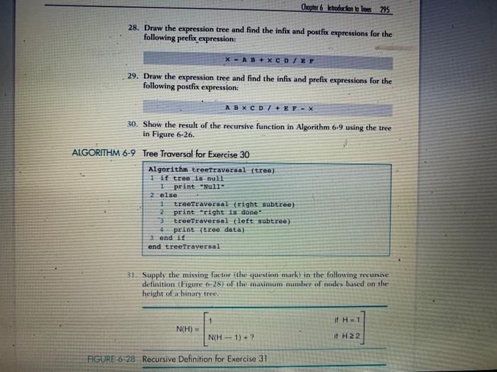 28. Draw the expression tree and find the infix and postfix expressions for the following prefix expression:
\[
\mathrm{X}-\L