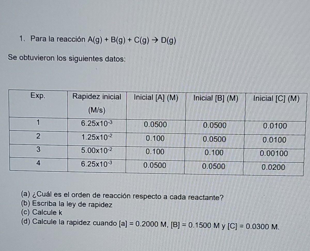 1. Para la reacción \( \mathrm{A}(\mathrm{g})+\mathrm{B}(\mathrm{g})+\mathrm{C}(\mathrm{g}) \rightarrow \mathrm{D}(\mathrm{g}