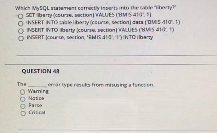 Solved Which MySQL statement correctly inserts into the | Chegg.com