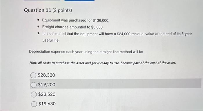 Solved Question 11 (2 points) - Equipment was purchased for | Chegg.com