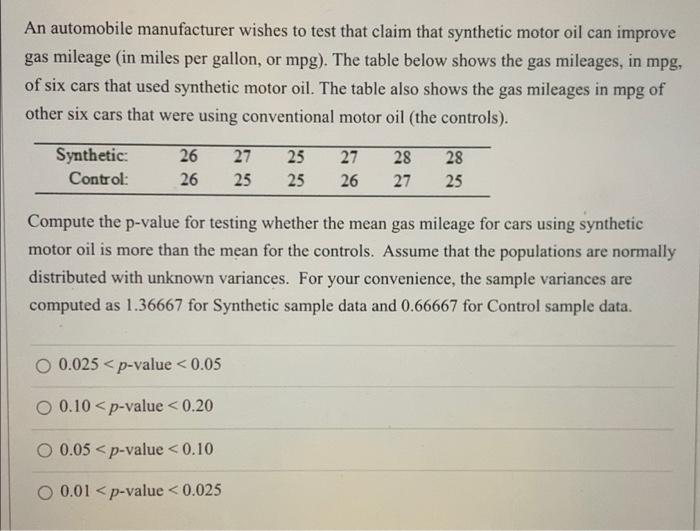 Solved An automobile manufacturer wishes to test that claim