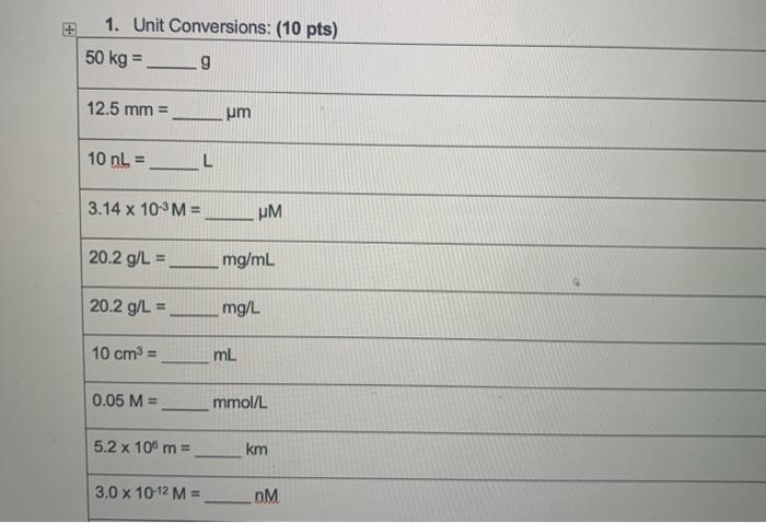 Solved 1 Unit Conversions 10 Pts 50 Kg 9 12 5 Mm Um Chegg Com