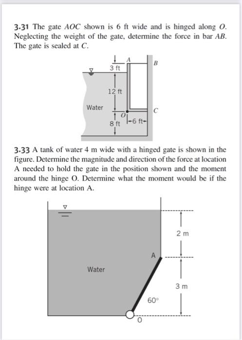 3.31 The gate AOC shown is 6 ft wide and is hinged along 0.
Neglecting the weight of the gate, determine the force in bar AB.