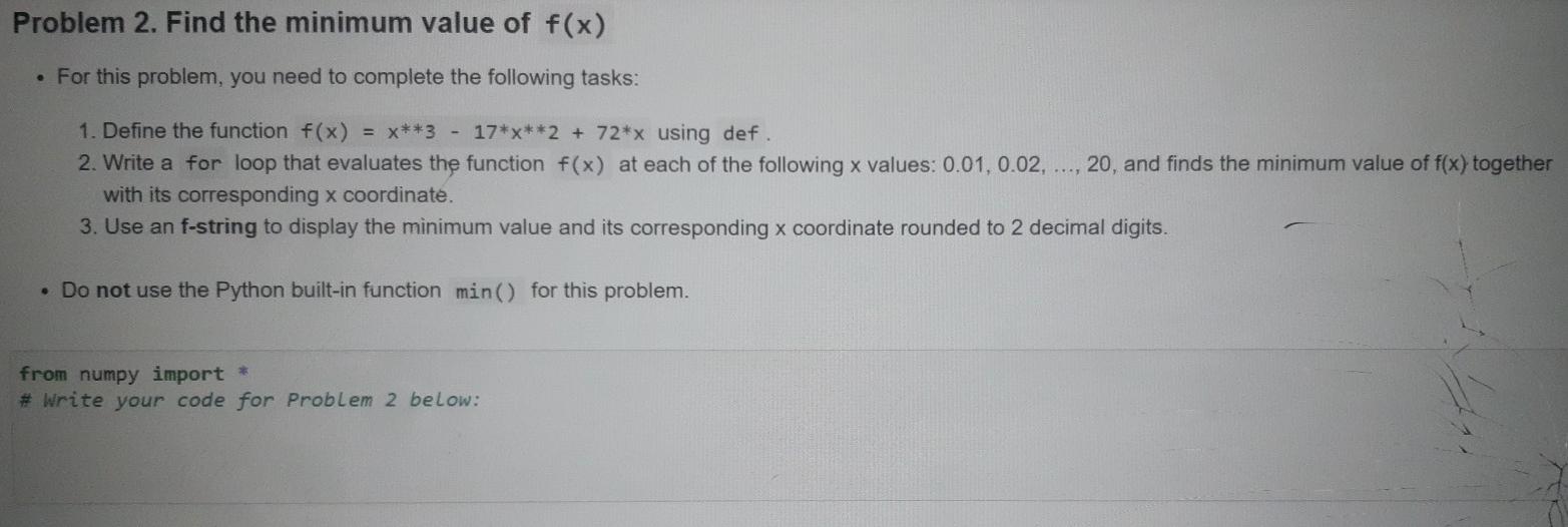 Solved Problem 2. Find the minimum value of f(x) • For this | Chegg.com