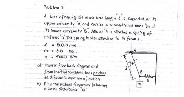 Solved Problem 3 m * A bar of negligible mass and length l | Chegg.com