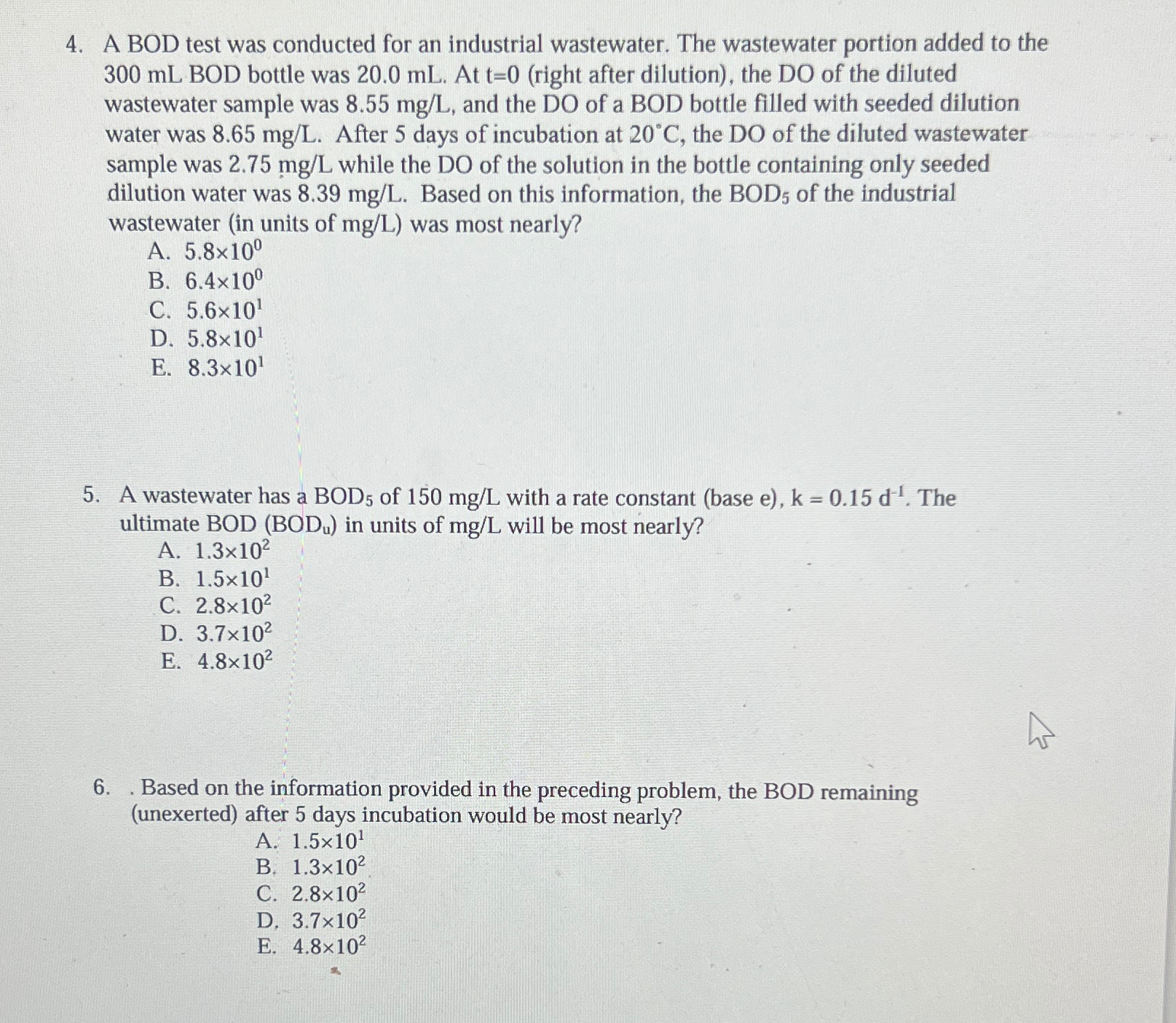 Solved A BOD test was conducted for an industrial | Chegg.com