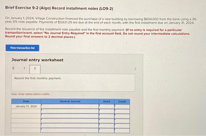 Solved Brief Exercise 9-2 (Algo) Record installment notes | Chegg.com