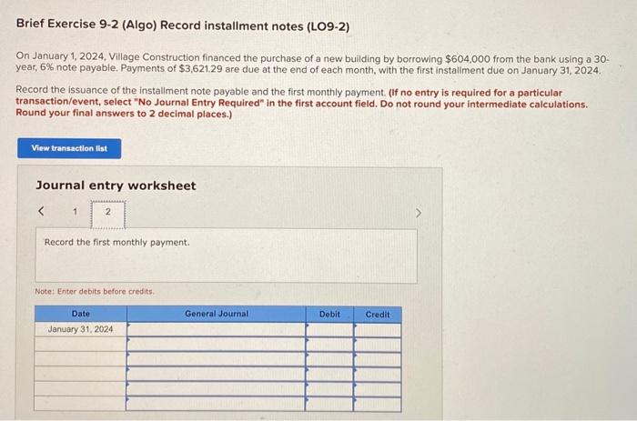 Solved Brief Exercise 9-2 (Algo) Record installment notes | Chegg.com