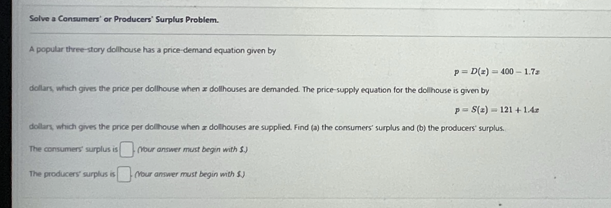 Solved Solve a Consumers' or Producers' Surplus Problem.A | Chegg.com