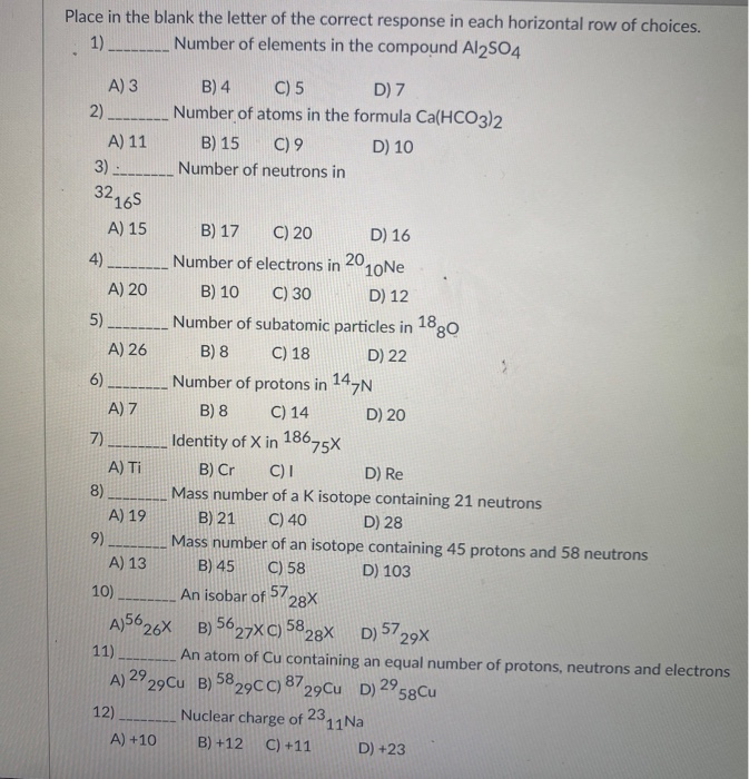 Solved Place In The Blank The Letter Of The Correct Response | Chegg.com