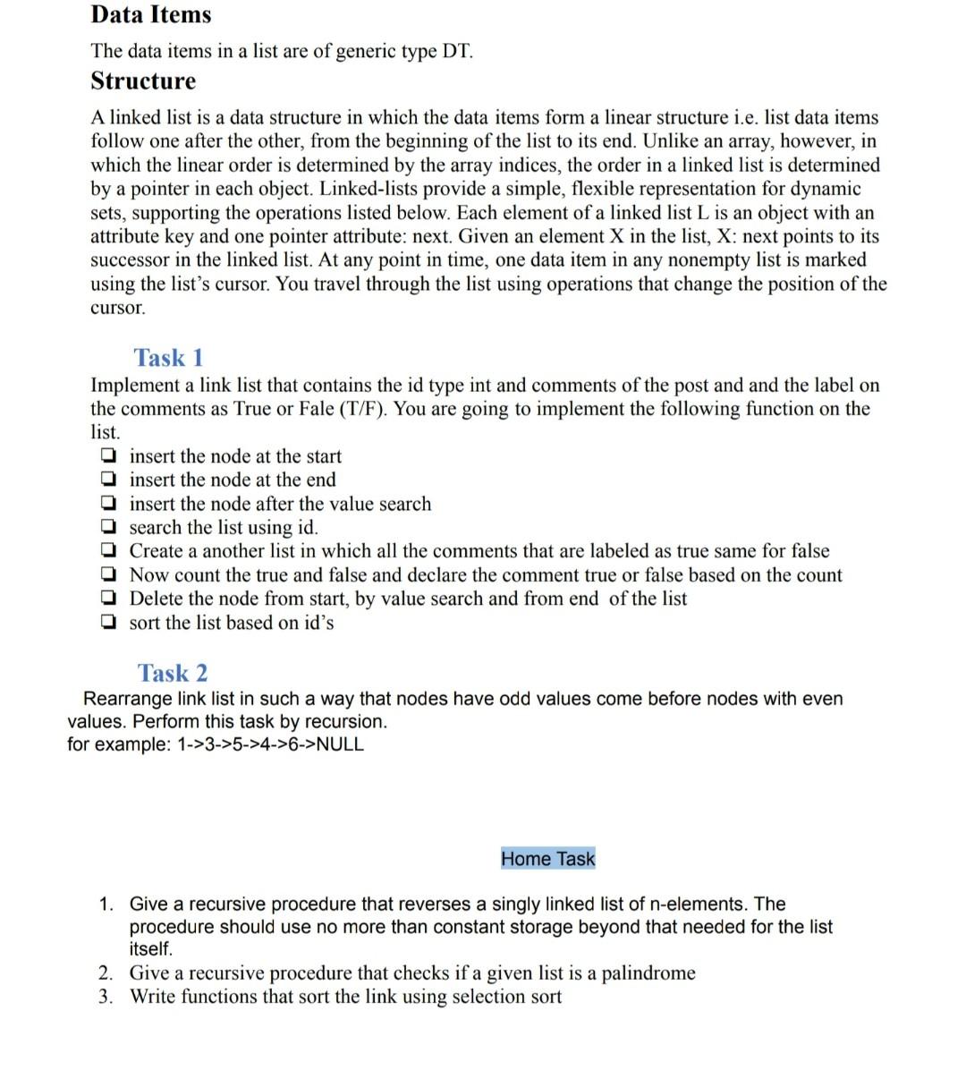 Solved Data Items The data items in a list are of generic | Chegg.com