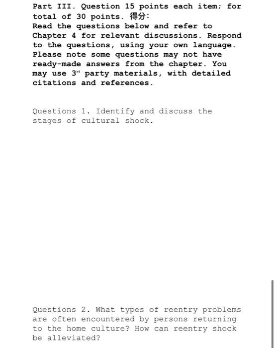 Solved Part III. Question 15 points each item; for total of