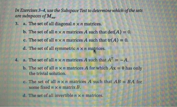 Solved In Exercises 3-4, use the Subspace Test to determine | Chegg.com