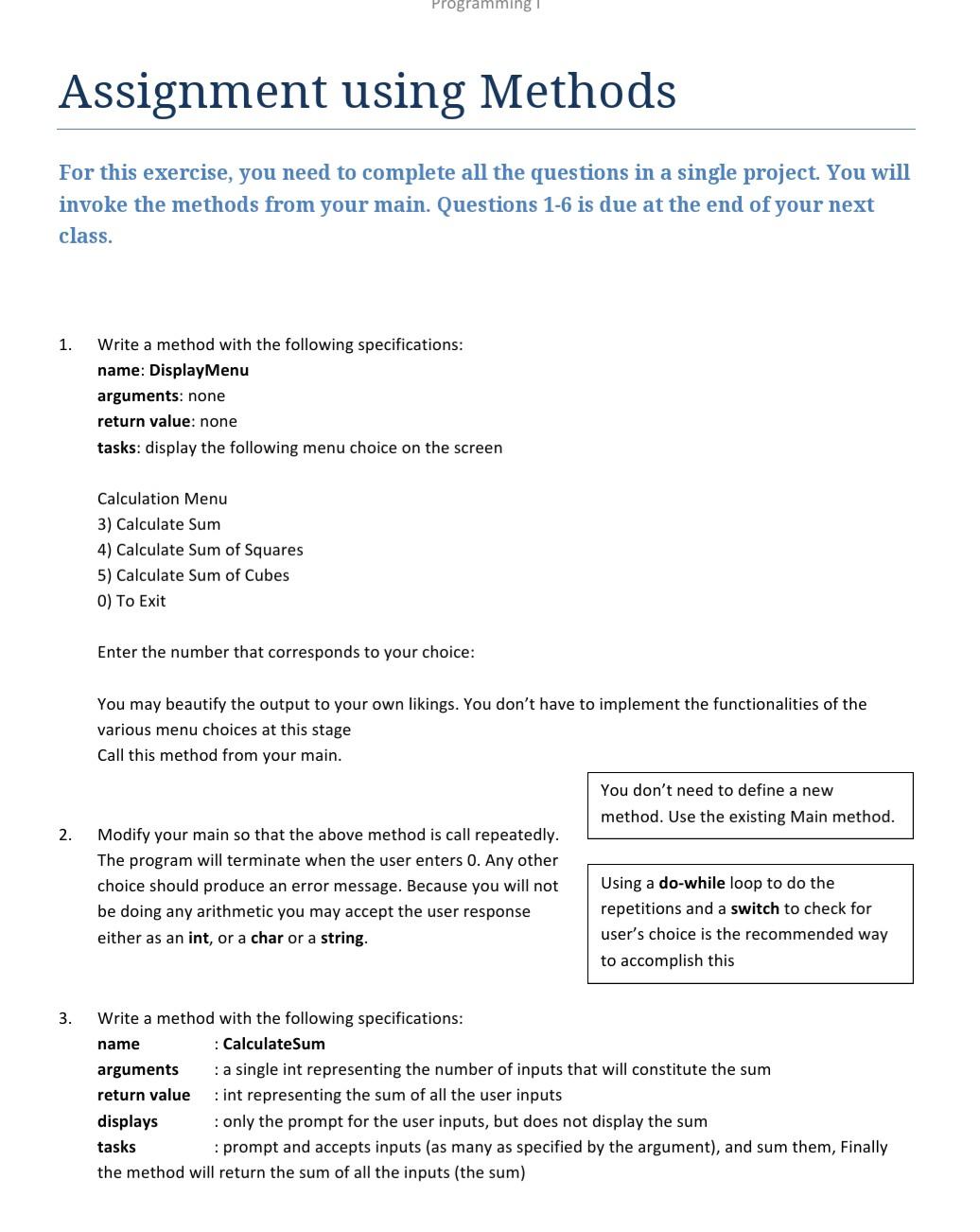 Programming Assignment using Methods For this | Chegg.com