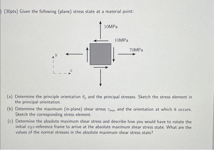 Solved (30pts) Given the following (plane) stress state at a | Chegg.com