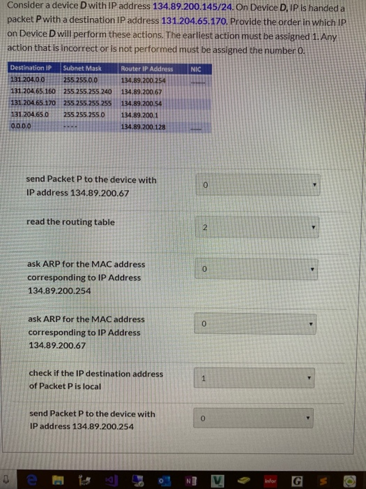 Consider a device D with IP address 134.89.200.145/24. On Device D, IP is handed a packet P with a destination IP address 131