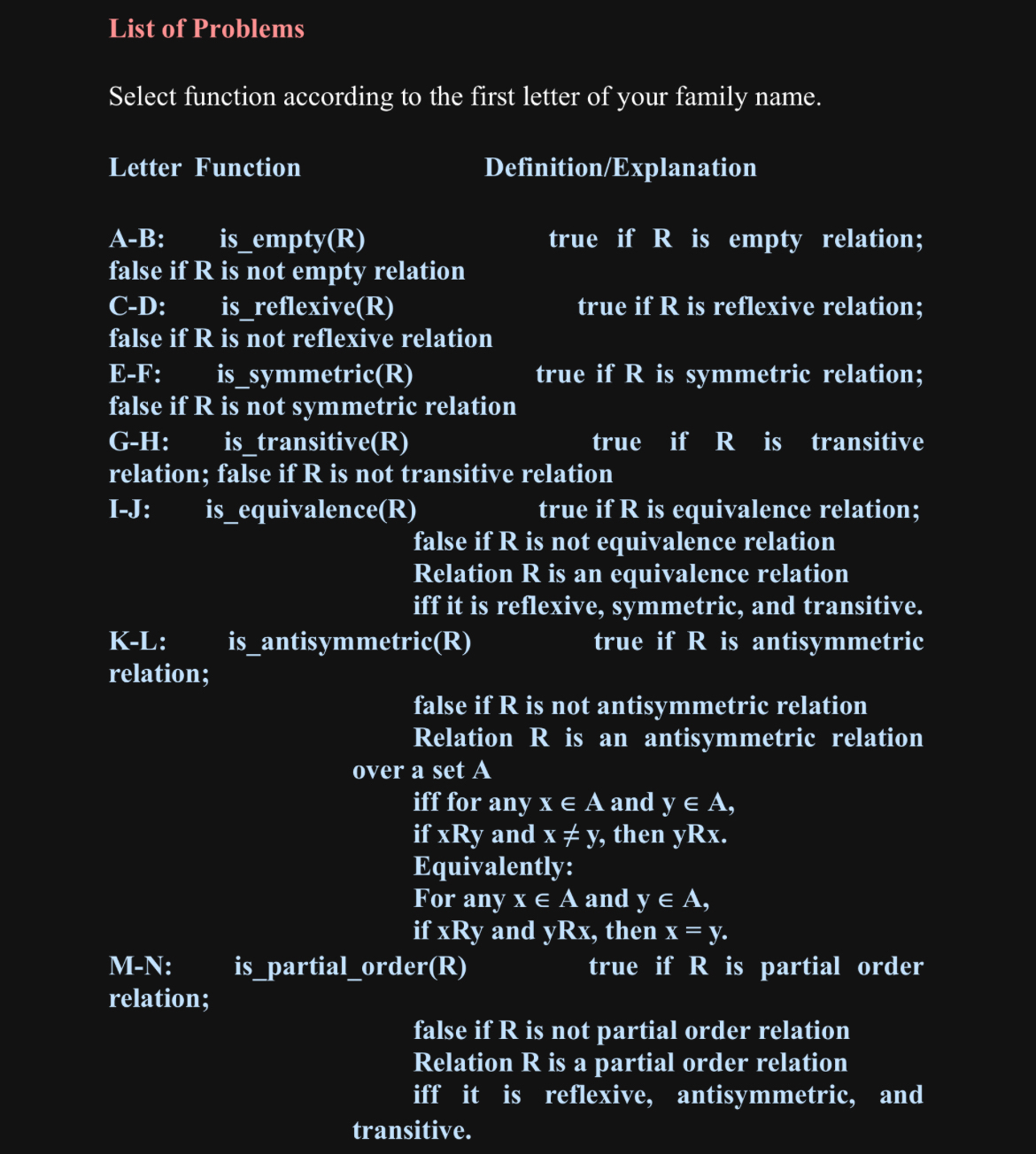 Solved List of ProblemsSelect function according to the | Chegg.com