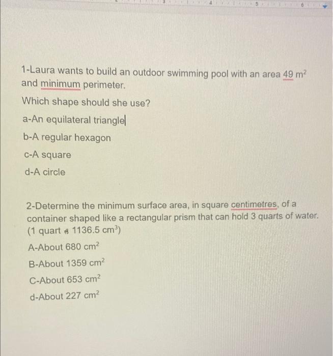 Solved 1-Laura wants to build an outdoor swimming pool with | Chegg.com
