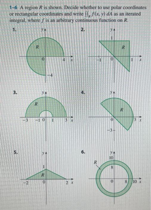 Solved 1-6 A region R is shown. Decide whether to use polar | Chegg.com