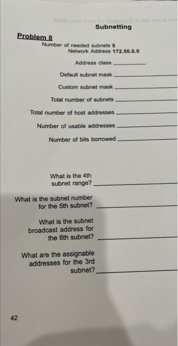 Solved Subnetting Problem 8 Number of needed subnets 5 | Chegg.com