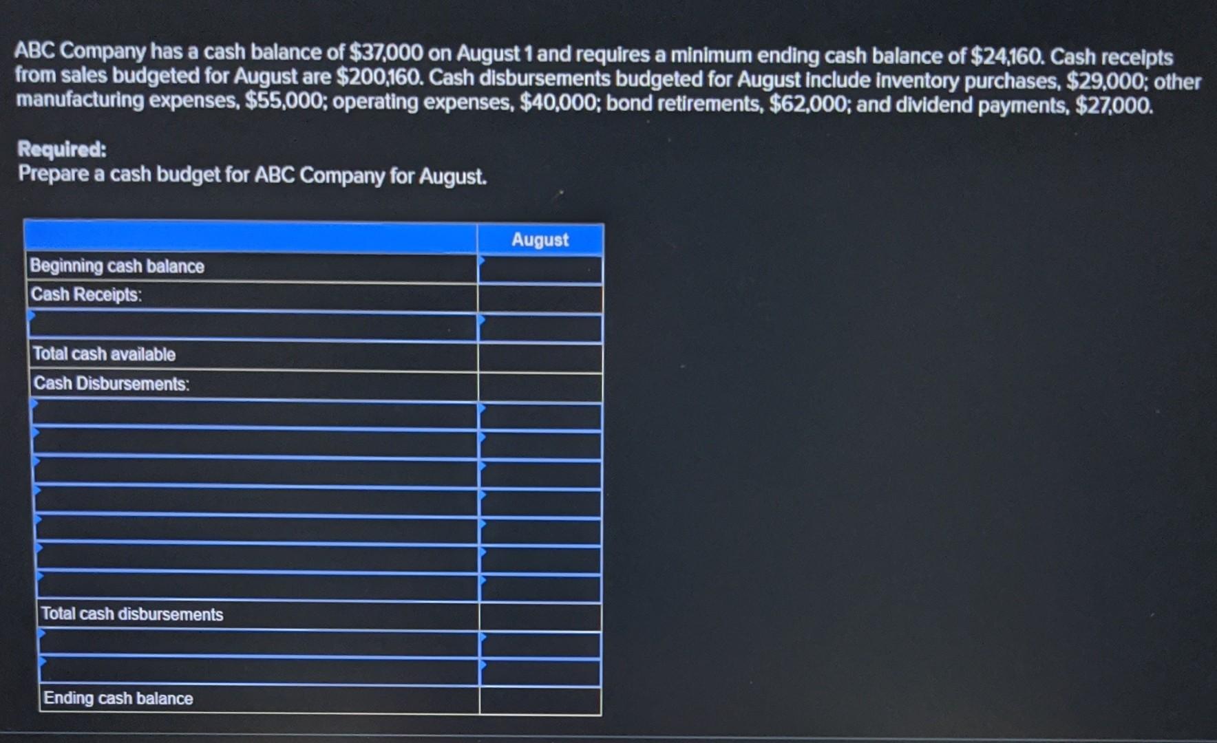Solved ABC Company has a cash balance of $39,000 on August 1