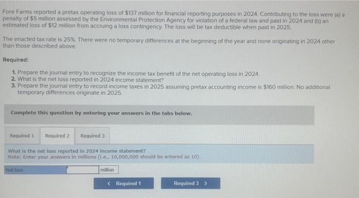 Solved Fore Farms Reported A Pretax Operating Loss Of 137 Chegg Com   Image