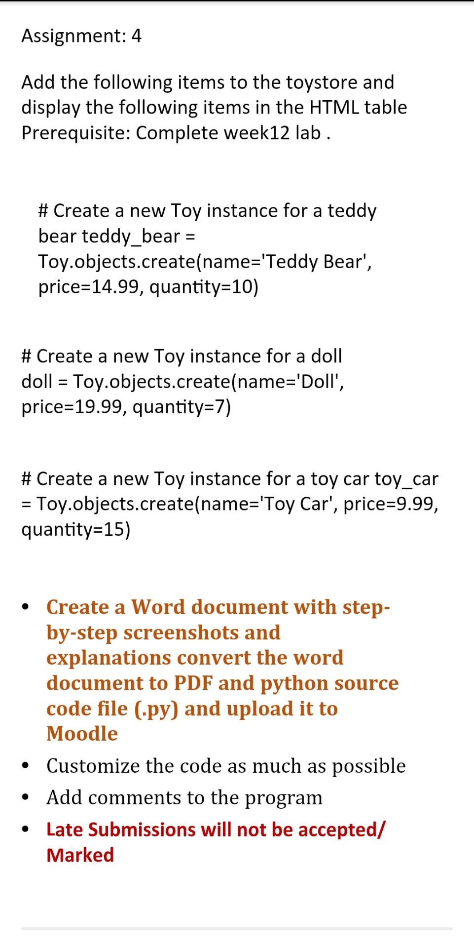 Solved Add the following items to the toystore and display | Chegg.com