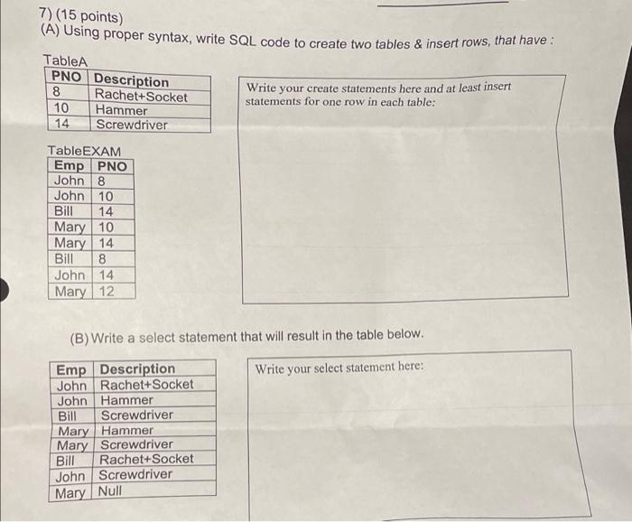 Solved 7) (15 points) (A) Using proper syntax, write SQL | Chegg.com