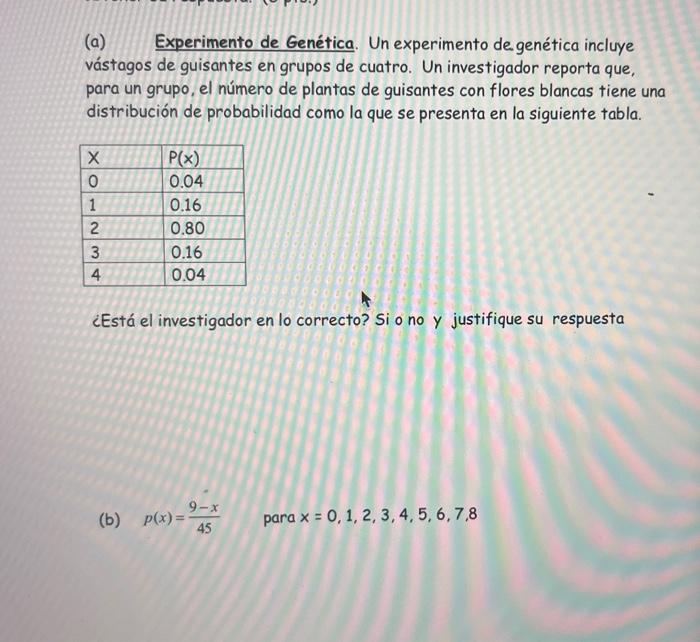 (a) Experimento de Genética. Un experimento degenética incluye vástagos de guisantes en grupos de cuatro. Un investigador rep