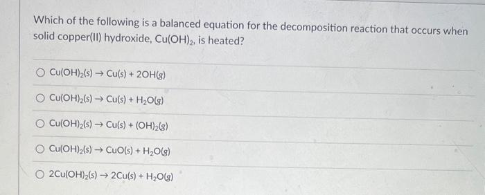 Solved Which Of The Following Is A Balanced Equation For The