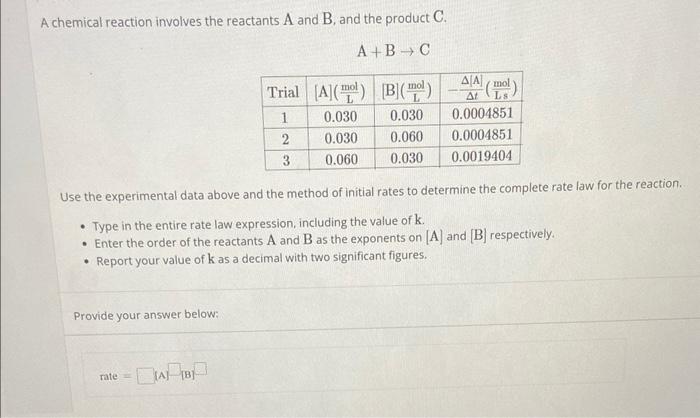 Solved A chemical reaction involves the reactants A and B, | Chegg.com