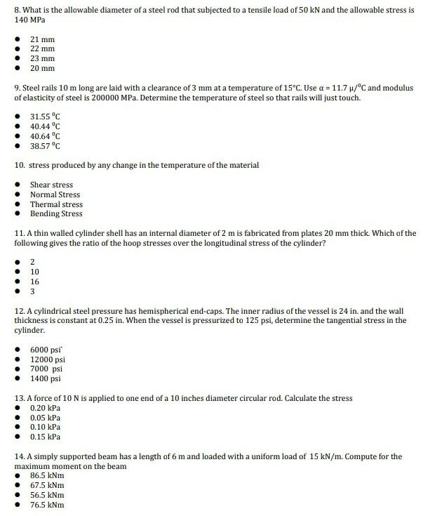 Solved 8. What is the allowable diameter of a steel rod that | Chegg.com