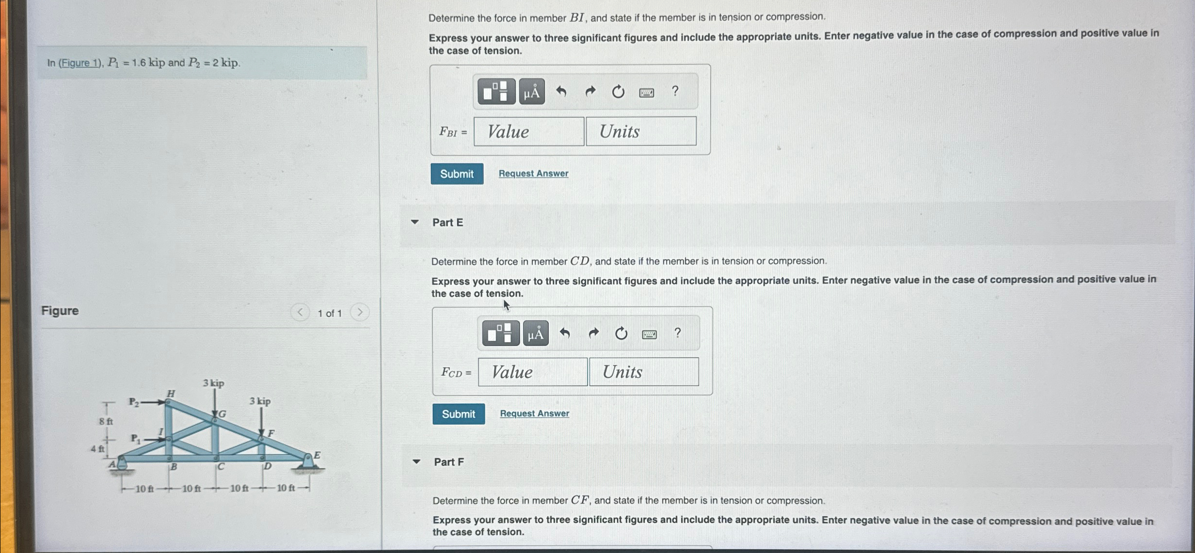 Solved Determine the force in member BI, ﻿and state if the | Chegg.com