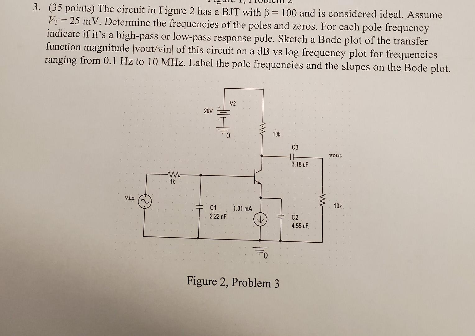 Solved 3. (35 points) The circuit in Figure 2 has a BJT with | Chegg.com