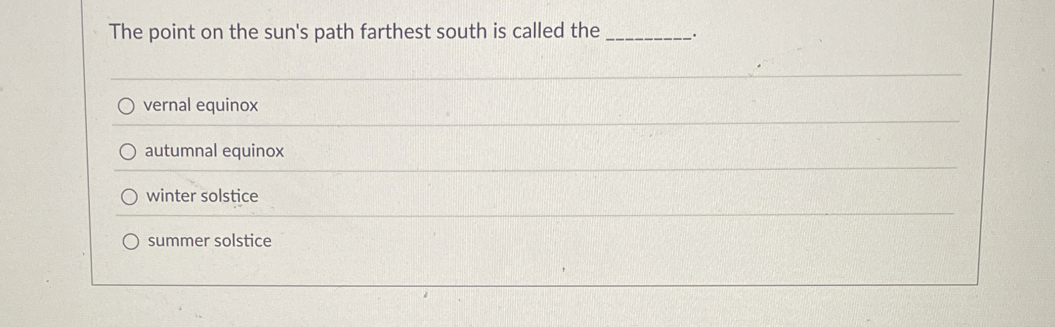 Solved The point on the sun's path farthest south is called