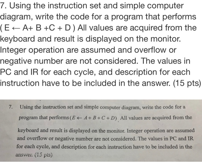 7. Using the instruction set and simple computer diagram, write the code for a program that performs (E+ A+ B +C + D) All val