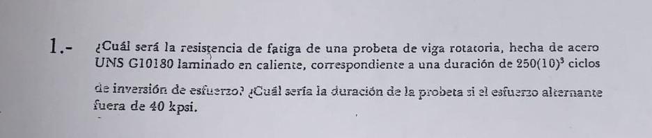 ¿Cuál será la resistencia de fatiga de una probeta de viga rotacoria, hecha de acero UNS G10180 laminado en caliente, corresp