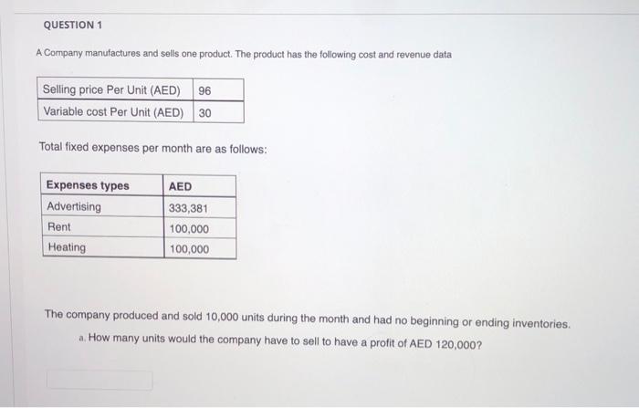 Solved QUESTION 1 A Company manufactures and sells one | Chegg.com