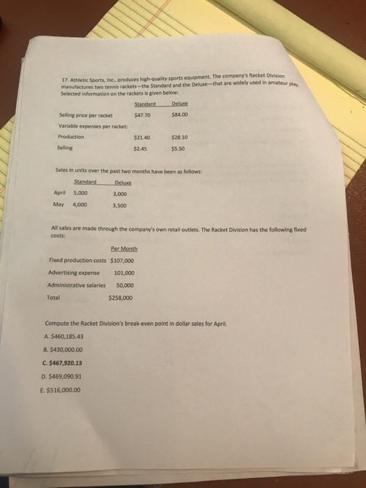 Solved 17. Athletic Sports, Inc., produces highquality