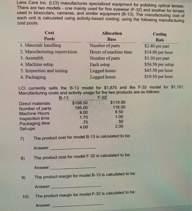 Solved Lens Care Inc. (LCI) manufactures specialized