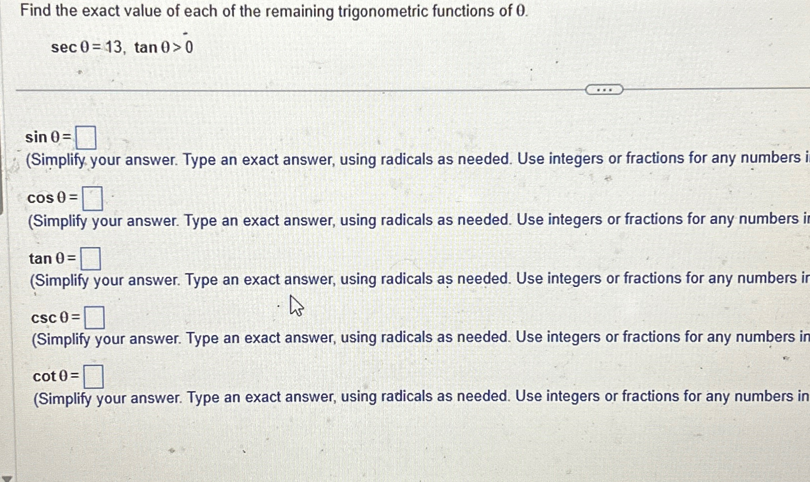 Solved Find the exact value of each of the remaining | Chegg.com