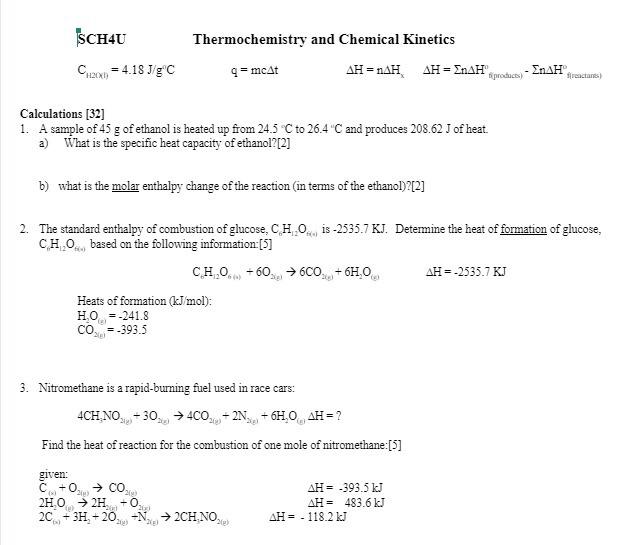 Solved Sch4u Thermochemistry And Chemical Kinetics Q Mcat Chegg Com