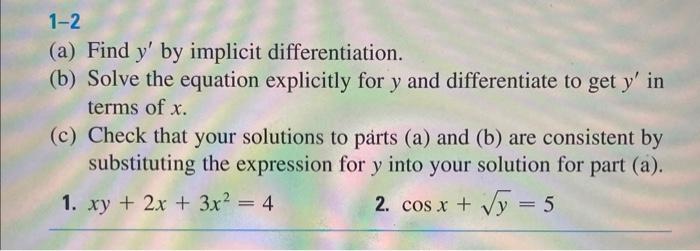 Solved 1-2 (a) Find Y′ By Implicit Differentiation. (b) | Chegg.com