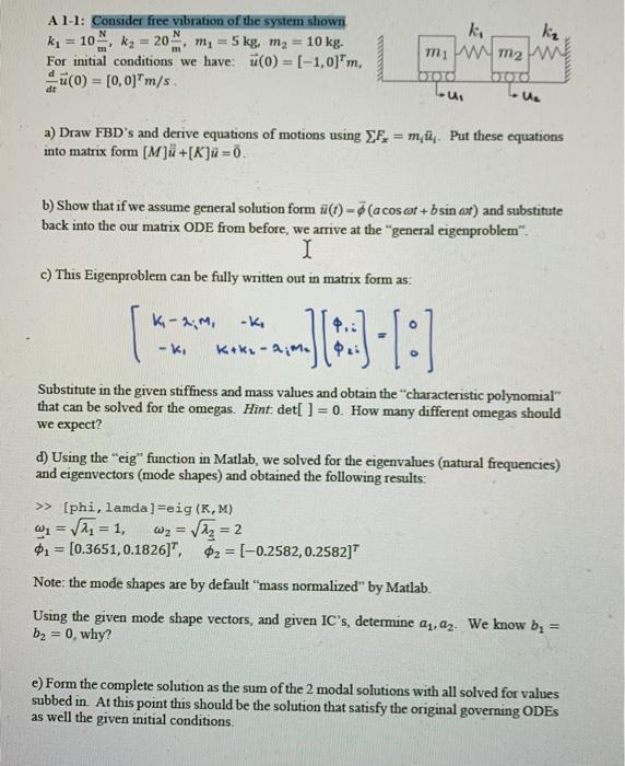 Solved A 1 1 Consider Free Vibration Of The System Shown Chegg Com
