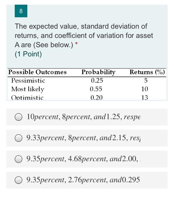Solved 8 The expected value, standard deviation of returns, | Chegg.com