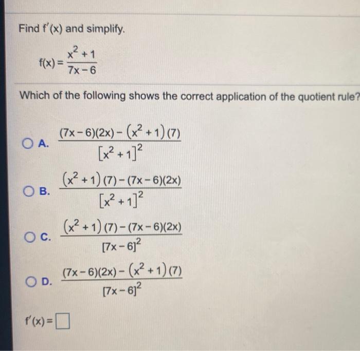 Solved Find F X And Simplify X ² 1 F X 7x 6 Which