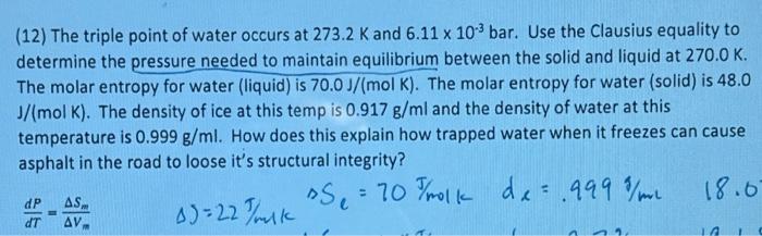 Solved (12) The triple point of water occurs at 273.2 K and | Chegg.com