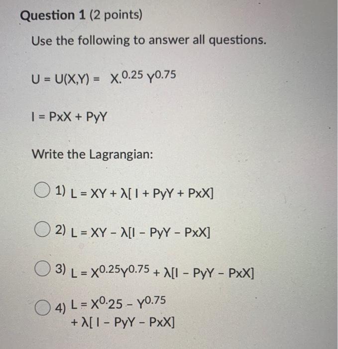Solved Question 1 (2 points) Use the following to answer all | Chegg.com