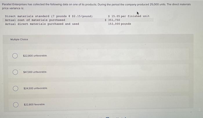 Solved Parallel Enterprises has collected the following data | Chegg.com