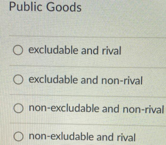 Solved Public Goods O Excludable And Rival O Excludable And Chegg Com